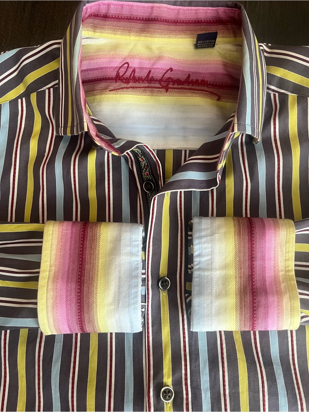 Robert Graham Multicolor Stripe Dress Shirt - Pink, Yellow, Gray, Blue
